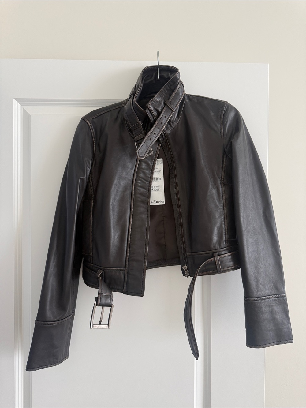 Zara Black Leather Belted Moto Jacket